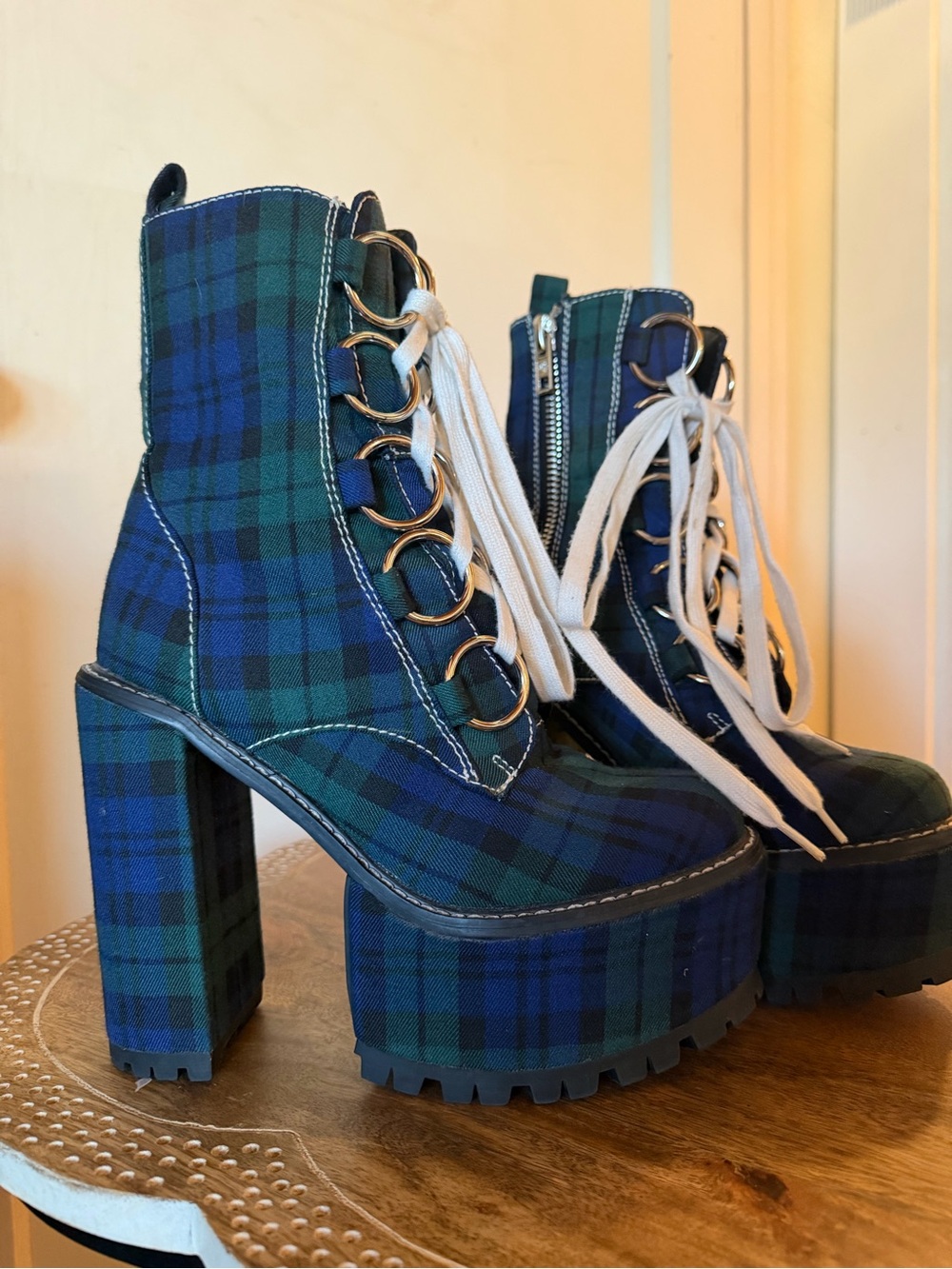 Dolls Kill Current Mood Sikk Nancy Tartan Plaid Platform Ankle O-Ring Boots - Picture 13 of 15